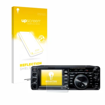 Parte frontal de un envase de producto con el logotipo de la marca upscreen. Al lado se muestra el dispositivo Yaesu FT-991A c