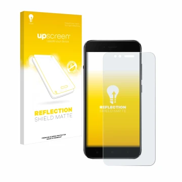 Parte frontal de un envase de producto con el logotipo de la marca upscreen. Al lado se muestra el dispositivo Xiaomi Mi A1 co