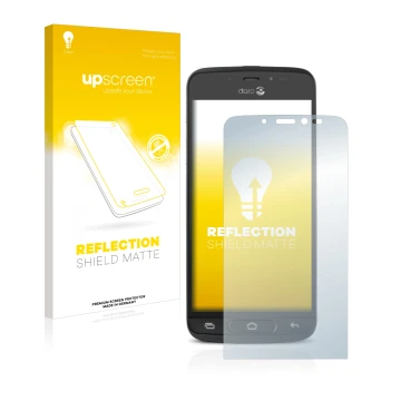 Parte frontal de un envase de producto con el logotipo de la marca upscreen. Al lado se muestra el dispositivo Doro 8040 con s