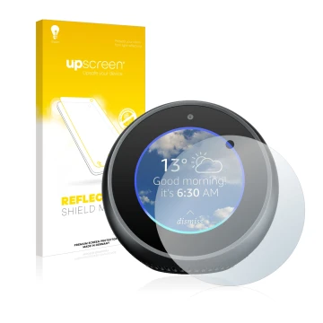 Parte frontal de un envase de producto con el logotipo de la marca upscreen. Al lado se muestra el dispositivo Amazon Echo Spo