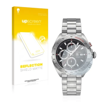 Parte frontal de un envase de producto con el logotipo de la marca upscreen. Al lado se muestra el dispositivo TAG Heuer Formu
