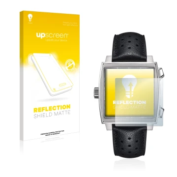 Parte frontal de un envase de producto con el logotipo de la marca upscreen. Al lado se muestra el dispositivo TAG Heuer Monac