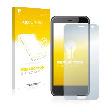 Parte frontal de un envase de producto con el logotipo de la marca upscreen. Al lado se muestra el dispositivo HTC U11 Life co