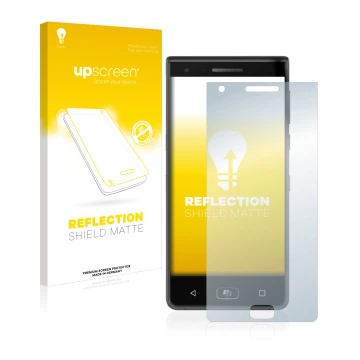 Parte frontal de un envase de producto con el logotipo de la marca upscreen. Al lado se muestra el dispositivo BlackBerry Moti