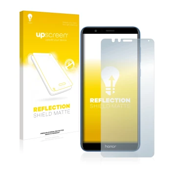 Parte frontal de un envase de producto con el logotipo de la marca upscreen. Al lado se muestra el dispositivo Honor 7X con su