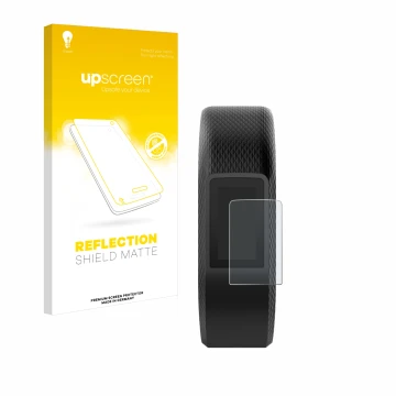 Parte frontal de un envase de producto con el logotipo de la marca upscreen. Al lado se muestra el dispositivo Garmin Vivospor
