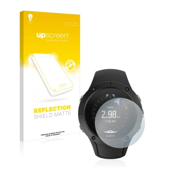 Parte frontal de un envase de producto con el logotipo de la marca upscreen. Al lado se muestra el dispositivo Suunto Spartan 