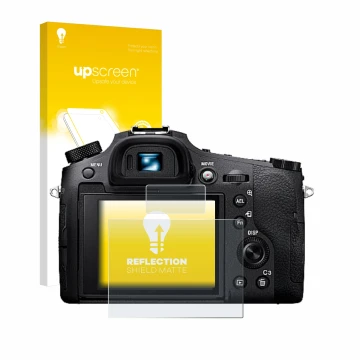 Parte frontal de un envase de producto con el logotipo de la marca upscreen. Al lado se muestra el dispositivo Sony Cyber-Shot