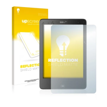 Parte frontal de un envase de producto con el logotipo de la marca upscreen. Al lado se muestra el dispositivo Tolino Epos con