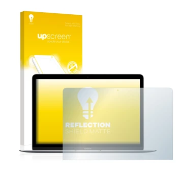 Parte frontal de un envase de producto con el logotipo de la marca upscreen. Al lado se muestra el dispositivo Apple MacBook R