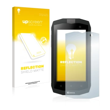 Parte frontal de un envase de producto con el logotipo de la marca upscreen. Al lado se muestra el dispositivo Crosscall Trekk