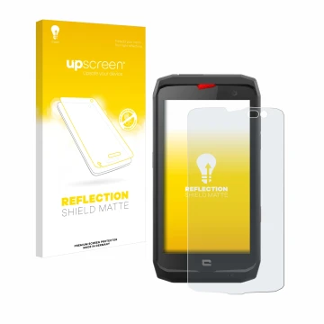 Parte frontal de un envase de producto con el logotipo de la marca upscreen. Al lado se muestra el dispositivo Crosscall Actio