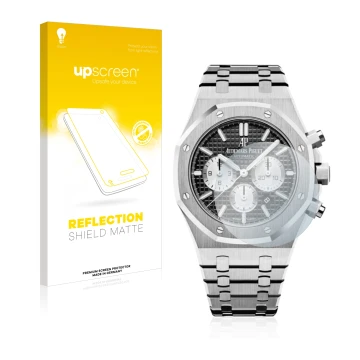 Parte frontal de un envase de producto con el logotipo de la marca upscreen. Al lado se muestra el dispositivo Audemars Piguet