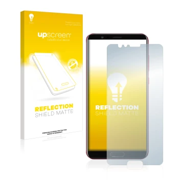 Parte frontal de un envase de producto con el logotipo de la marca upscreen. Al lado se muestra el dispositivo Honor View 10 c