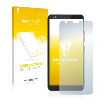 Parte frontal de un envase de producto con el logotipo de la marca upscreen. Al lado se muestra el dispositivo Gigaset GS370 c