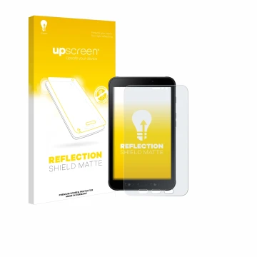 Parte frontal de un envase de producto con el logotipo de la marca upscreen. Al lado se muestra el dispositivo Samsung Galaxy 