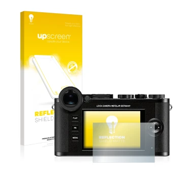 Parte frontal de un envase de producto con el logotipo de la marca upscreen. Al lado se muestra el dispositivo Leica CL con su