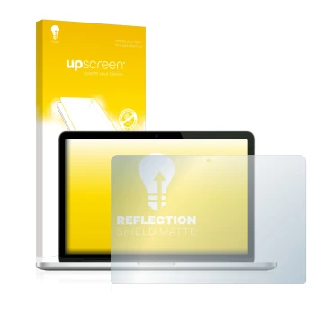 Parte frontal de un envase de producto con el logotipo de la marca upscreen. Al lado se muestra el dispositivo Apple MacBook P