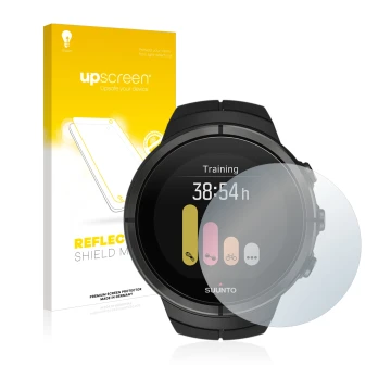 Parte frontal de un envase de producto con el logotipo de la marca upscreen. Al lado se muestra el dispositivo Suunto Spartan 