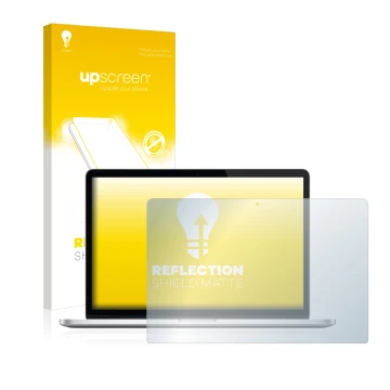 Parte frontal de un envase de producto con el logotipo de la marca upscreen. Al lado se muestra el dispositivo Apple MacBook P