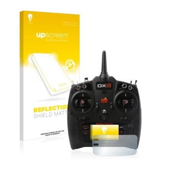 Parte frontal de un envase de producto con el logotipo de la marca upscreen. Al lado se muestra el dispositivo Spektrum DX8 G2