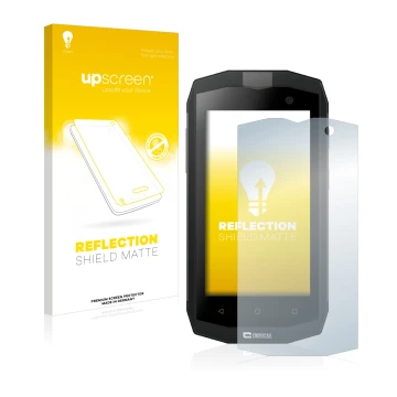 Parte frontal de un envase de producto con el logotipo de la marca upscreen. Al lado se muestra el dispositivo Crosscall Trekk