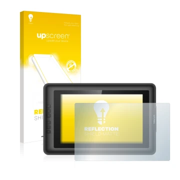 Parte frontal de un envase de producto con el logotipo de la marca upscreen. Al lado se muestra el dispositivo XP-Pen Artist 1