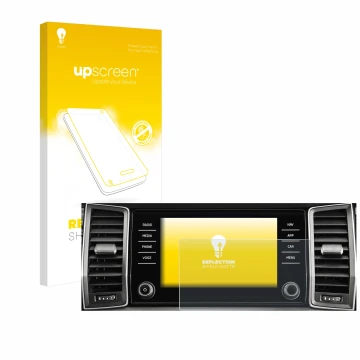 Parte frontal de un envase de producto con el logotipo de la marca upscreen. Al lado se muestra el dispositivo Skoda Columbus 