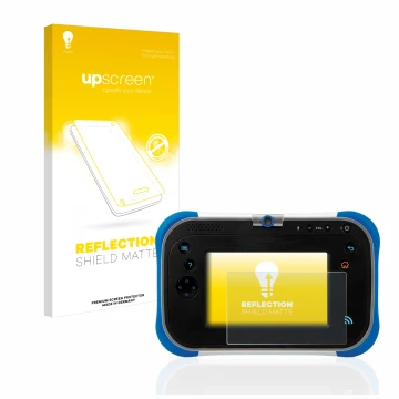 Parte frontal de un envase de producto con el logotipo de la marca upscreen. Al lado se muestra el dispositivo Vtech Storio Ma