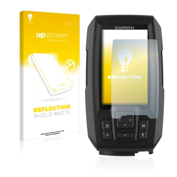 Parte frontal de un envase de producto con el logotipo de la marca upscreen. Al lado se muestra el dispositivo Garmin Striker 