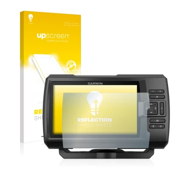 Parte frontal de un envase de producto con el logotipo de la marca upscreen. Al lado se muestra el dispositivo Garmin Striker 