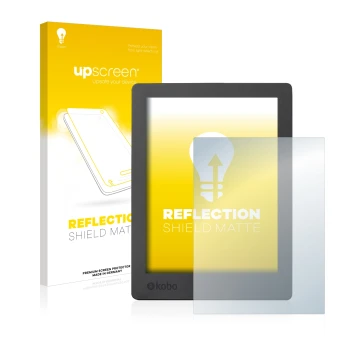 Parte frontal de un envase de producto con el logotipo de la marca upscreen. Al lado se muestra el dispositivo Kobo Aura H2O E