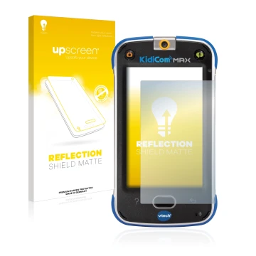 Parte frontal de un envase de producto con el logotipo de la marca upscreen. Al lado se muestra el dispositivo Vtech Kidicom M