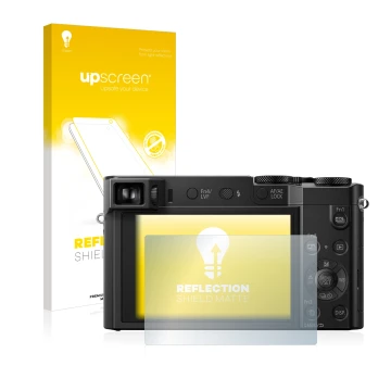 Parte frontal de un envase de producto con el logotipo de la marca upscreen. Al lado se muestra el dispositivo Panasonic Lumix