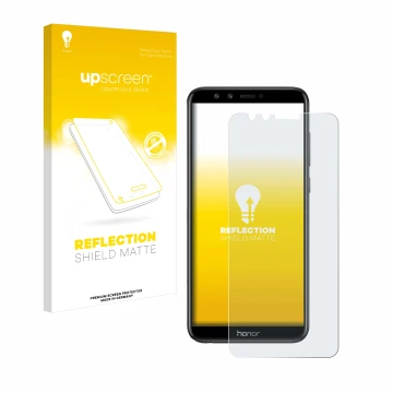 Parte frontal de un envase de producto con el logotipo de la marca upscreen. Al lado se muestra el dispositivo Honor 9 Lite co