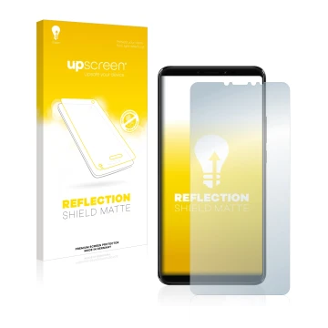 Parte frontal de un envase de producto con el logotipo de la marca upscreen. Al lado se muestra el dispositivo Xiaomi Mi Max 3