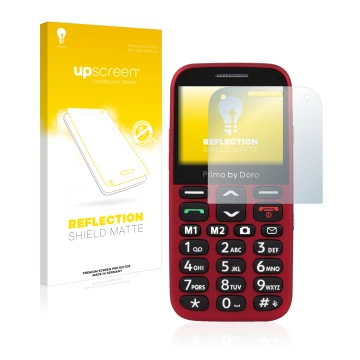 Parte frontal de un envase de producto con el logotipo de la marca upscreen. Al lado se muestra el dispositivo Doro Primo 366 