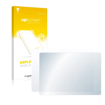 Parte frontal de un envase de producto con el logotipo de la marca upscreen. Al lado se muestra el dispositivo Apple Magic 2 (