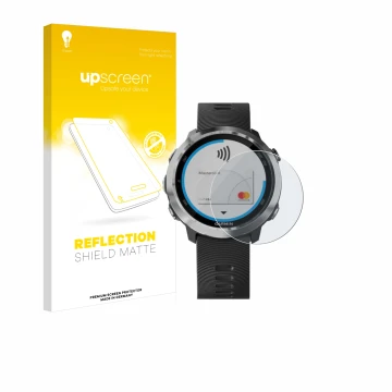Parte frontal de un envase de producto con el logotipo de la marca upscreen. Al lado se muestra el dispositivo Garmin Forerunn