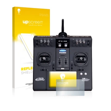 Parte frontal de un envase de producto con el logotipo de la marca upscreen. Al lado se muestra el dispositivo Robbe Futaba FX