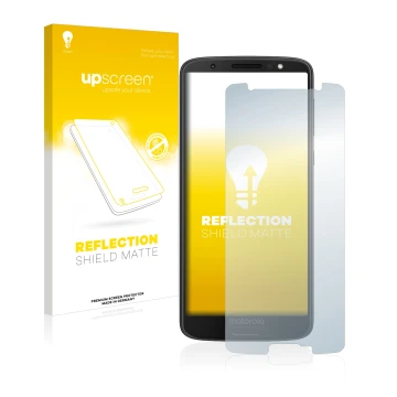 Parte frontal de un envase de producto con el logotipo de la marca upscreen. Al lado se muestra el dispositivo Motorola Moto G