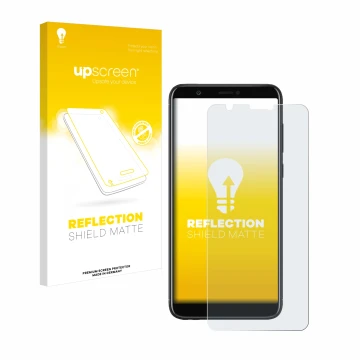 Parte frontal de un envase de producto con el logotipo de la marca upscreen. Al lado se muestra el dispositivo Huawei P smart 