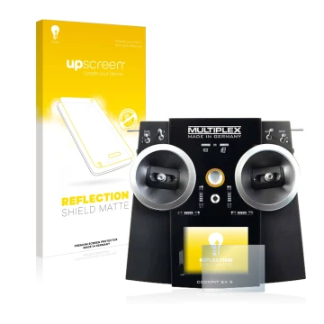 Parte frontal de un envase de producto con el logotipo de la marca upscreen. Al lado se muestra el dispositivo Multiplex Cockp