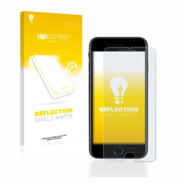 Parte frontal de un envase de producto con el logotipo de la marca upscreen. Al lado se muestra el dispositivo Apple iPhone SE