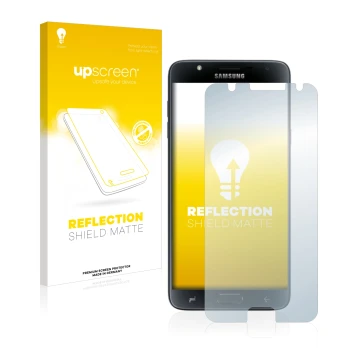 Parte frontal de un envase de producto con el logotipo de la marca upscreen. Al lado se muestra el dispositivo Samsung Galaxy 