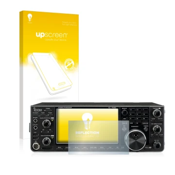 Parte frontal de un envase de producto con el logotipo de la marca upscreen. Al lado se muestra el dispositivo Icom IC-7610 co