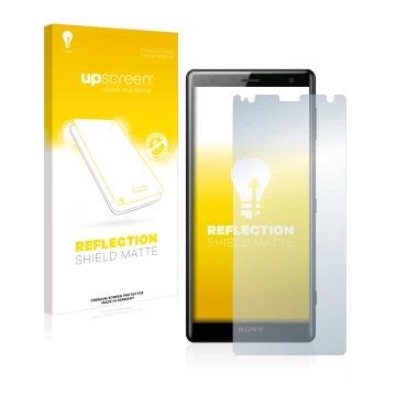 Parte frontal de un envase de producto con el logotipo de la marca upscreen. Al lado se muestra el dispositivo Sony Xperia XZ2
