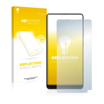 Parte frontal de un envase de producto con el logotipo de la marca upscreen. Al lado se muestra el dispositivo Xiaomi Mi Mix 2