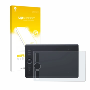 Parte frontal de un envase de producto con el logotipo de la marca upscreen. Al lado se muestra el dispositivo Wacom Intuos Pr