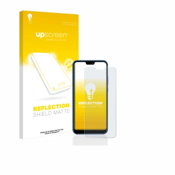 Parte frontal de un envase de producto con el logotipo de la marca upscreen. Al lado se muestra el dispositivo Huawei P20 lite